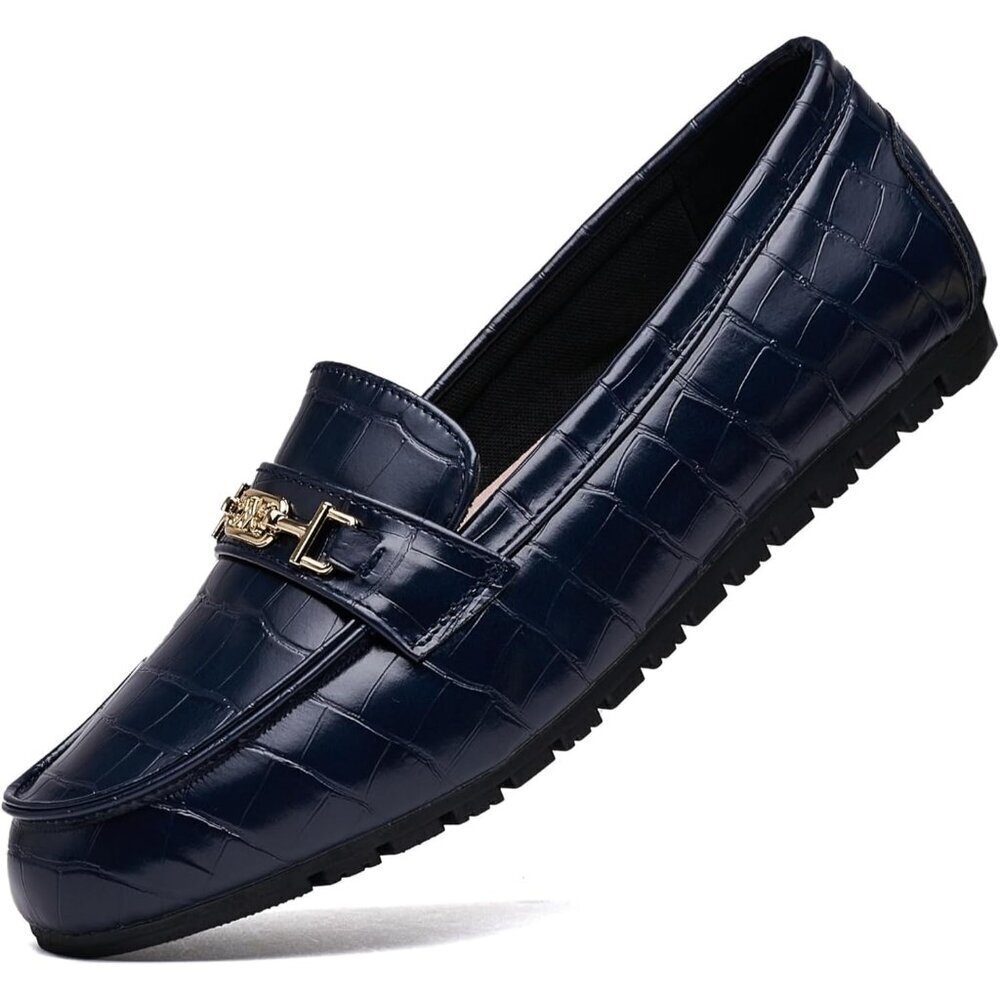 Women Royal Blue Polyurethane Accent Buckle Leisure Slip On Walking Flats Shoes